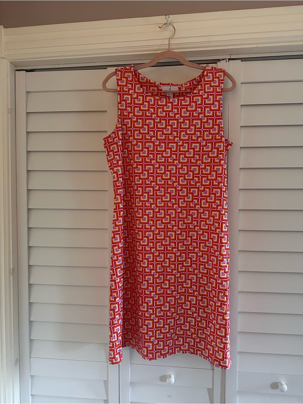 Jude Connally Sleeveless Shift Dress in Red and Pink Geometric Print